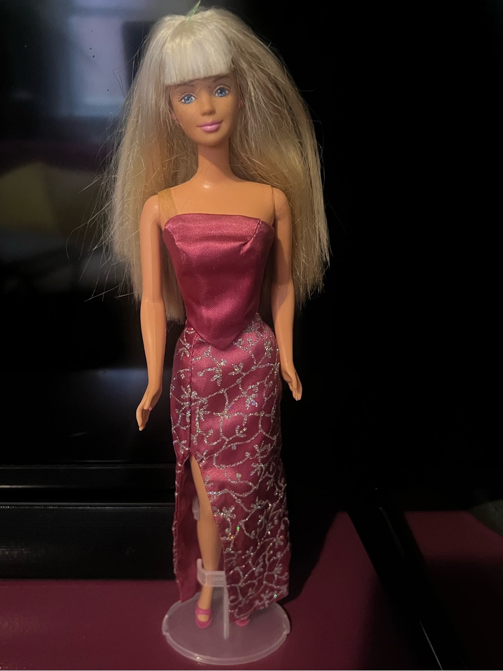 Vintage 1990s Barbie Doll — Tanned Body, Molded Pink Earrings, Fuschia 2-pc Gown